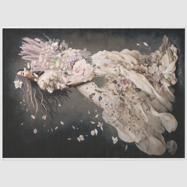 Girl in Bloom, humming bird & floral portrait Art Seidenpapier (Vorderseite)