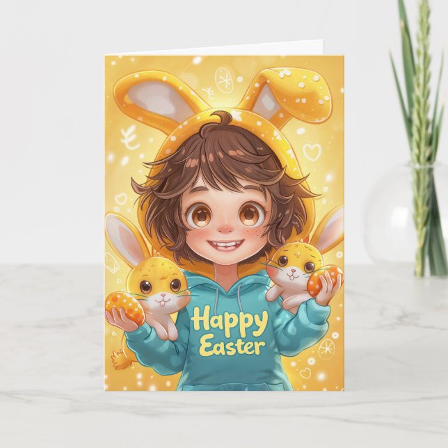 Girl in Bunny Ear Hoodie Osterkarte Karte (Vorderseite)