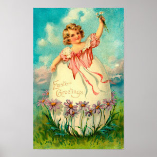 Girl In Egg Vintage Easter Poster