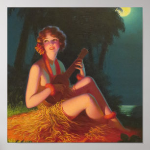 Girl in Moonlight with Banjo Ukulele Poster