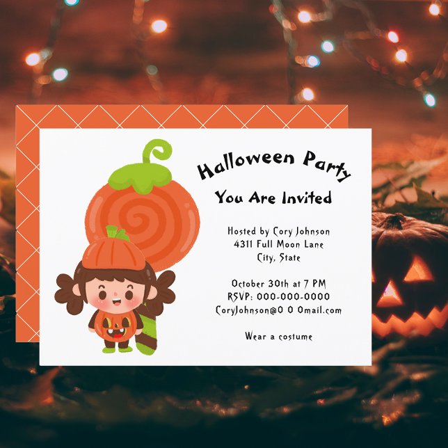 Girl in Pumpkin Costume Lollipop Halloween-Party Einladung (Girl in Pumpkin Costume Lollipop Halloween Party Invitation)