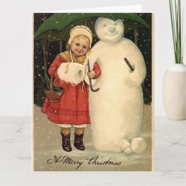 Girl in Red Jacket mit Snowman Holiday Postcard Karte (Vorderseite)