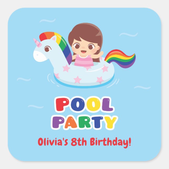 Girl in Unicorn Float Pool Birthday Party Stickers (Vorderseite)