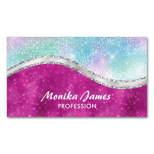 Girl Iridescent Pink Silver Imitats Glitzer Monogr Magnetische Visitenkarte (Vorderseite)
