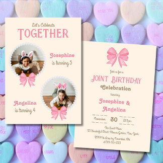 Girl Joint Birthday Niedlich Pink Bow Pearl Foto Einladung
