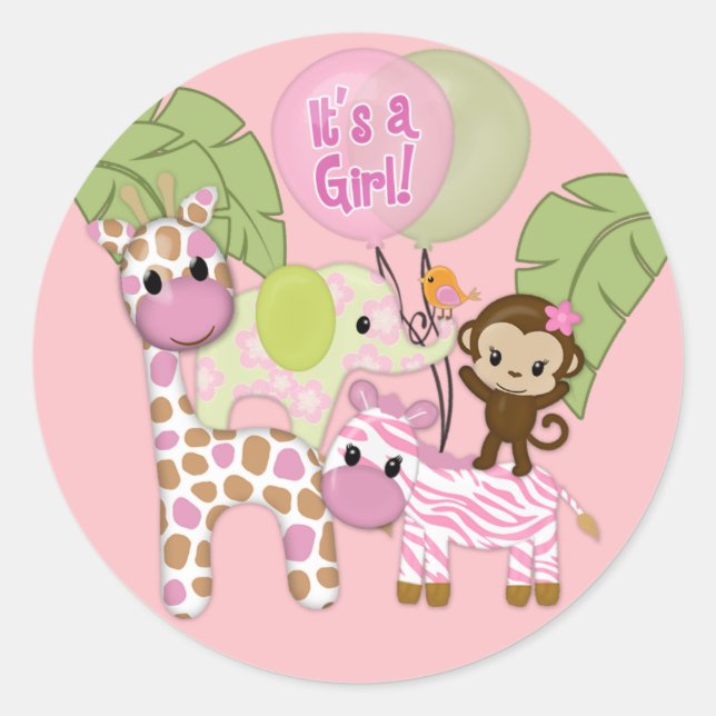 Girl Jungle Safari Baby Dusche Round Sticker (Vorderseite)