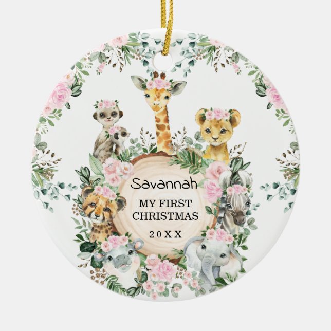 Girl Jungle Safari Wild Animals Baby 1. Weihnachte Keramik Ornament (Vorne)