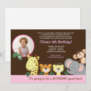 Girl Jungle Zoo Party Tier Foto Geburtstag Einladung