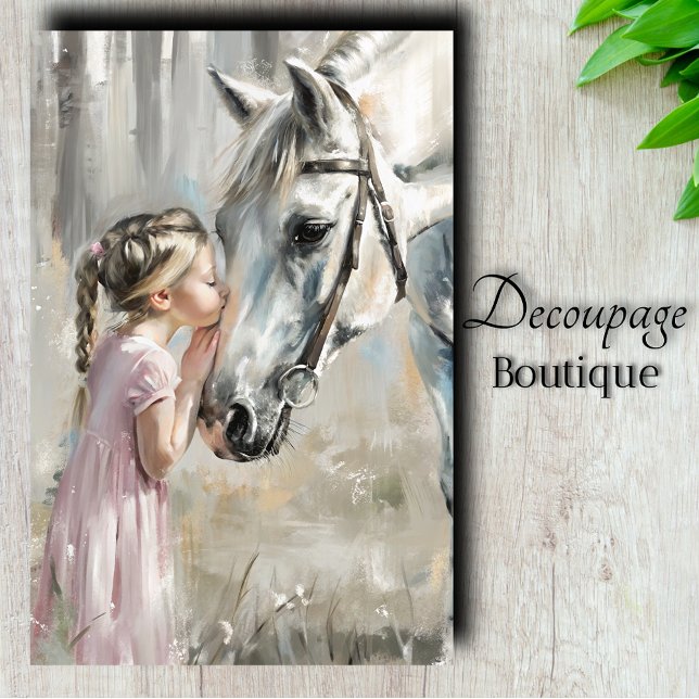 Girl Kissing White Horse Decoupage Seidenpapier (Girl With White Horse Decoupage Tissue Paper)