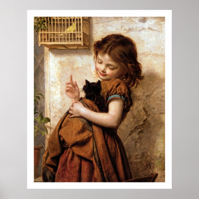 Girl, Kitty Cat & Bird Vintage Poster (Vorne)