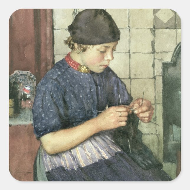 Girl Knitting Quadratischer Aufkleber (Vorderseite)