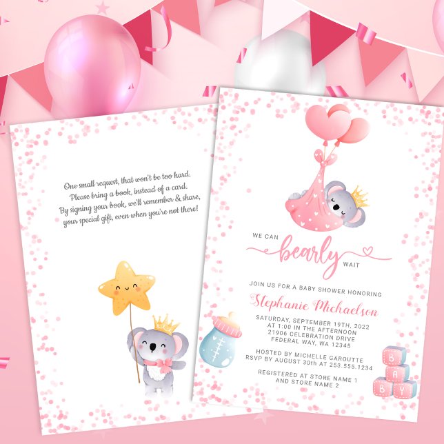 Girl Koala Bear mit Buchungsanfrage Kinderdusche Einladung (Girl Koala Bear with Book Request Baby Shower Invitation)