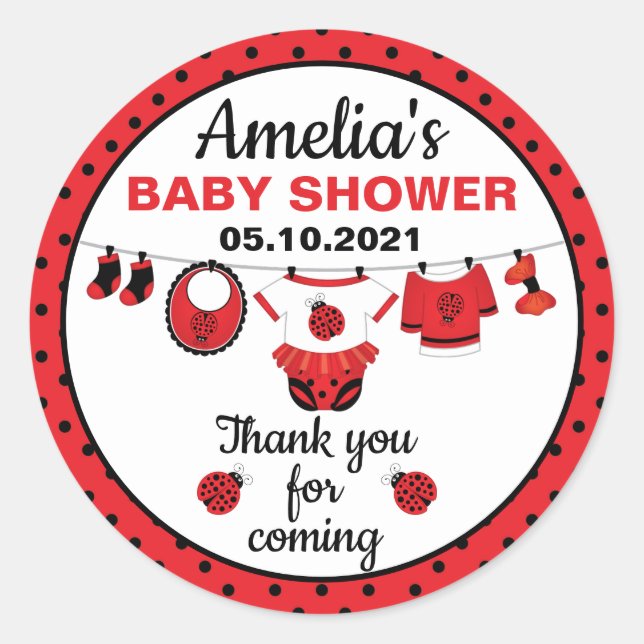 Girl Ladybug Baby Shower Classic Round Sticker (Vorderseite)