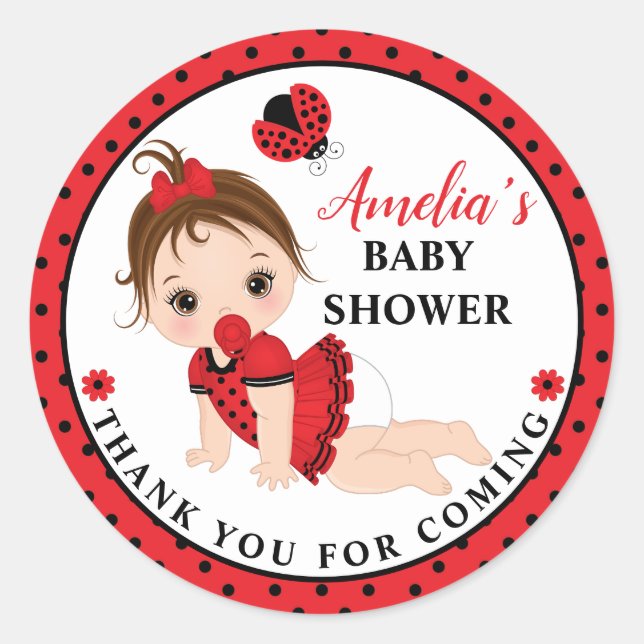 Girl Ladybug Baby Shower Classic Round Sticker (Vorderseite)