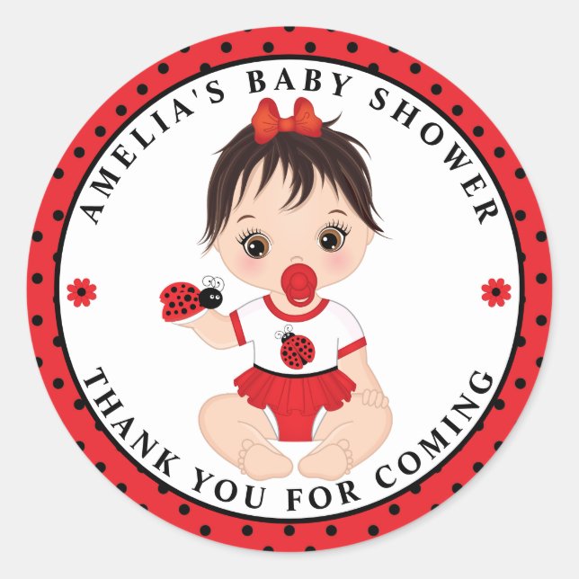 Girl Ladybug Baby Shower Classic Round Sticker (Vorderseite)