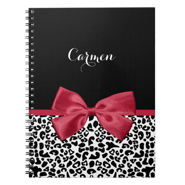 Girl Leopard Print Bright Red Ribbon mit Namen Notizblock (Vorderseite)