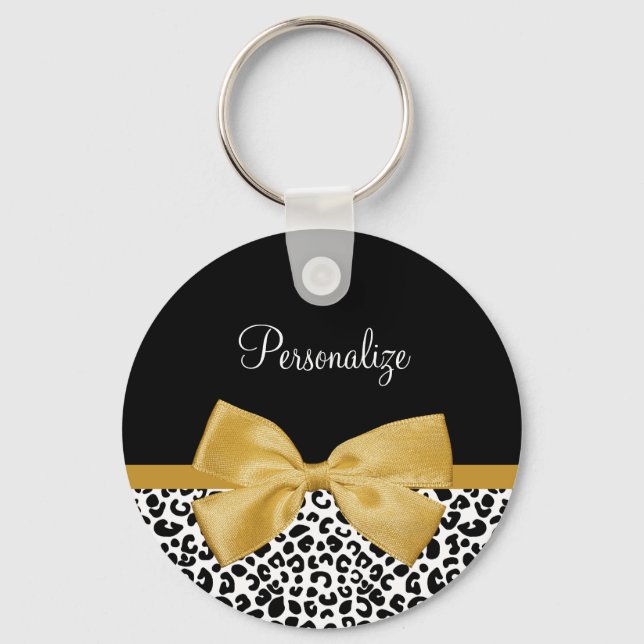 Girl Leopard Print Chic Gold Bow mit Namen Schlüsselanhänger (Vorderseite)