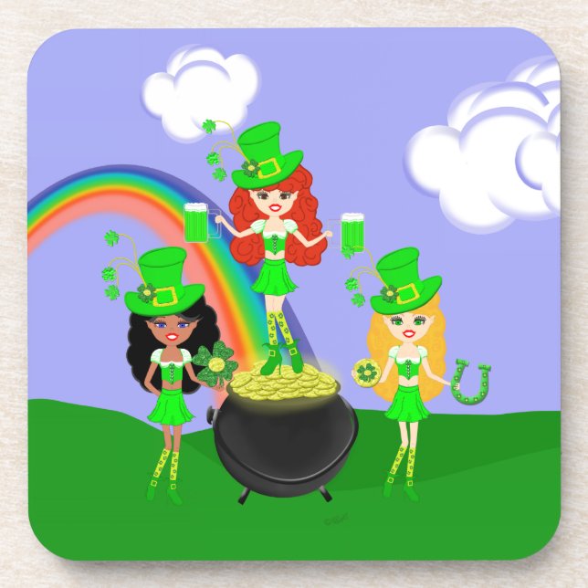 Girl Leprechauns Regenbogen und Gold Getränkeuntersetzer (Vorderseite)