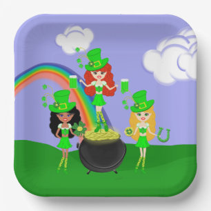 Girl Leprechauns Regenbogen und Gold Pappteller