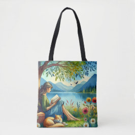 Girl Lesend a Book under a Tree with a Sleepy Cat