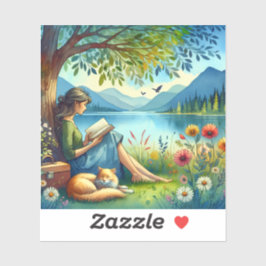 Girl Lesend a Book under a Tree with a Sleepy Cat Aufkleber