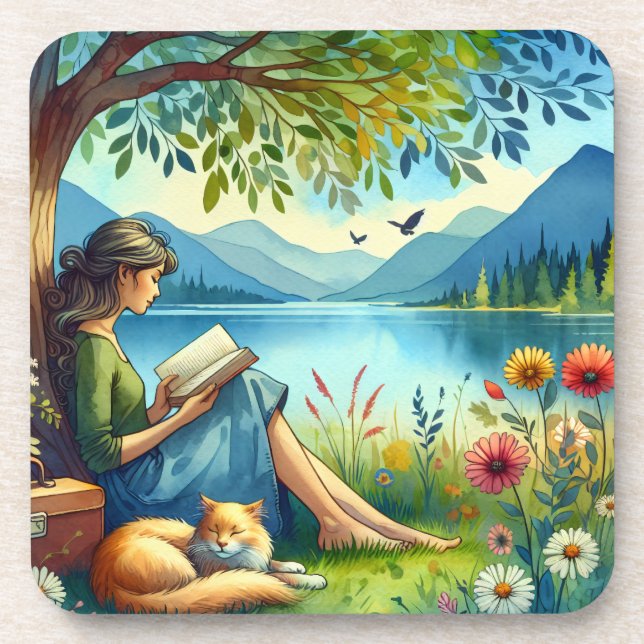 Girl Lesend a Book under a Tree with a Sleepy Cat Getränkeuntersetzer (Vorderseite)