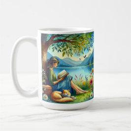 Girl Lesend a Book under a Tree with a Sleepy Cat Kaffeetasse