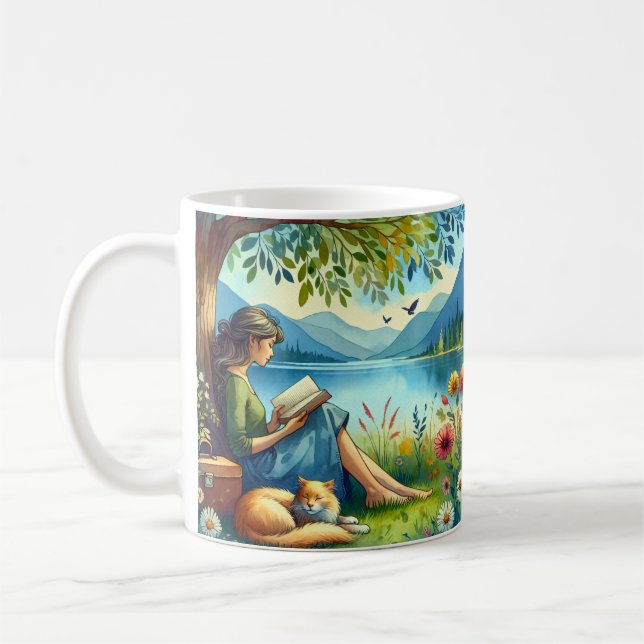 Girl Lesend a Book under a Tree with a Sleepy Cat Kaffeetasse (Links)