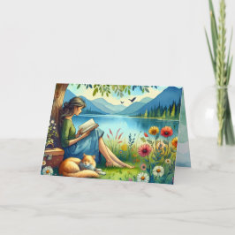 Girl Lesend a Book under a Tree with a Sleepy Cat Karte