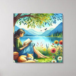 Girl Lesend a Book under a Tree with a Sleepy Cat Leinwanddruck