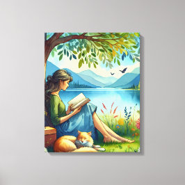 Girl Lesend a Book under a Tree with a Sleepy Cat Leinwanddruck