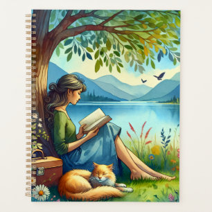 Girl Lesend a Book under a Tree with a Sleepy Cat Planer