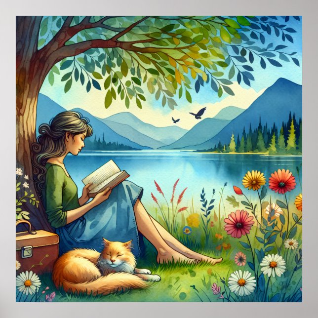Girl Lesend a Book under a Tree with a Sleepy Cat Poster (Vorne)