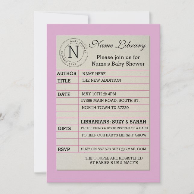 Girl Library Card Baby Shower Pink Invitation Einladung (Vorderseite)