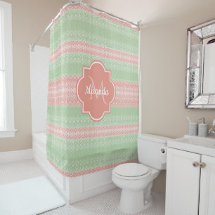 Girl Light Green Strick Coral Pink Streifen und Na Duschvorhang