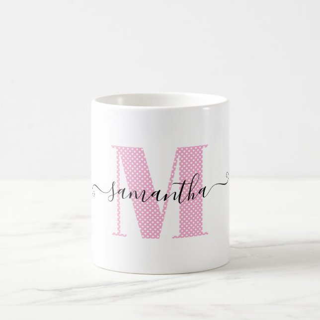 Girl Light Pink und White Polka Dot Monogramm Kaffeetasse (Mittel)