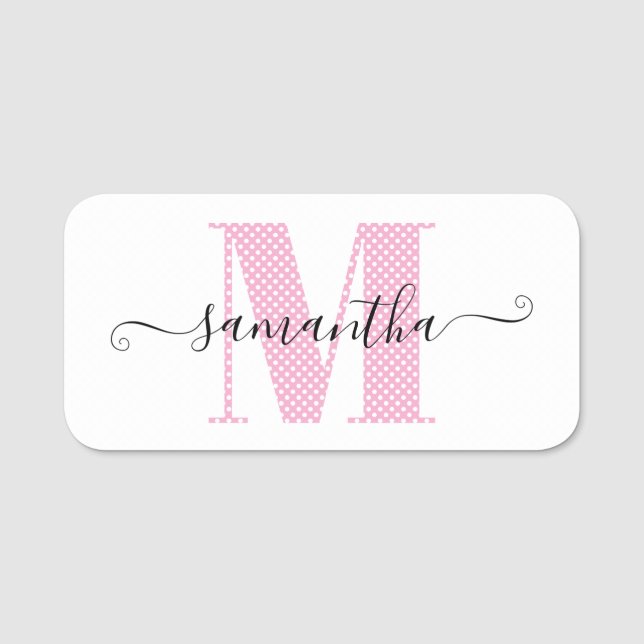 Girl Light Pink und White Polka Dot Monogramm Namensschild (Vorderseite)