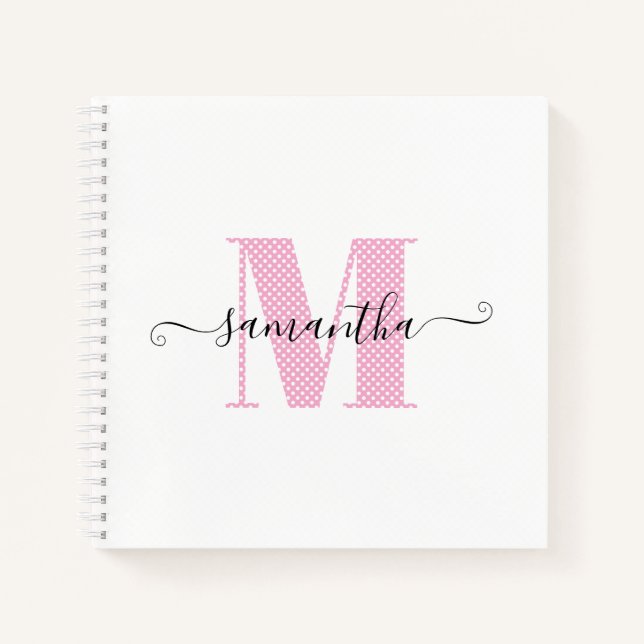 Girl Light Pink und White Polka Dot Monogramm Notizbuch (Vorderseite)