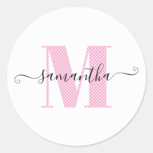 Girl Light Pink und White Polka Dot Monogramm Runder Aufkleber