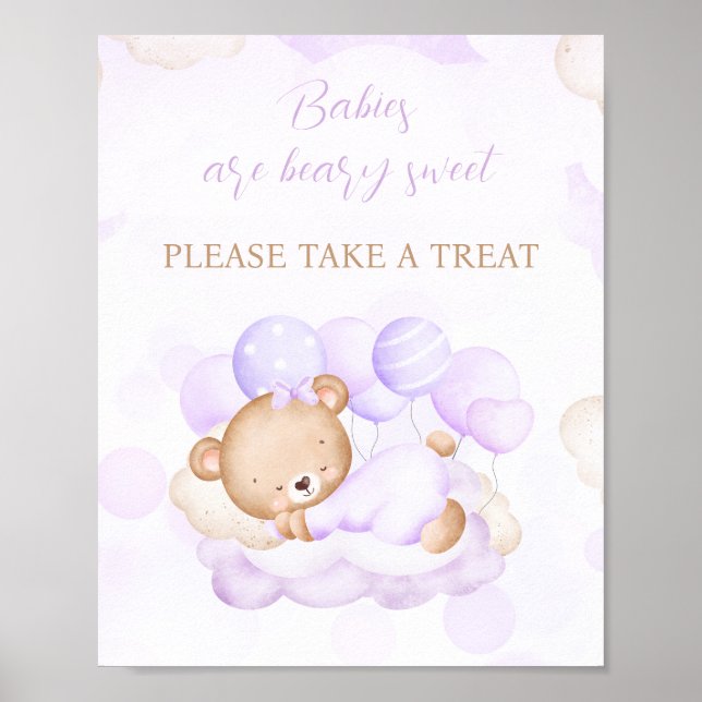 Girl Lila Bear Baby Dusche Gefallen Zeichen Poster (Vorne)