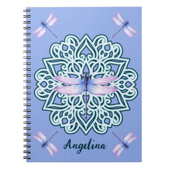 Girl Lila Dragonfly Mandala Monogram Name Notizblock (Vorderseite)