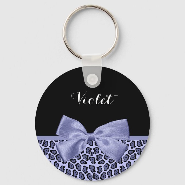 Girl Lila Jaguar Print Lavendel Bow mit Namen Schlüsselanhänger (Vorderseite)