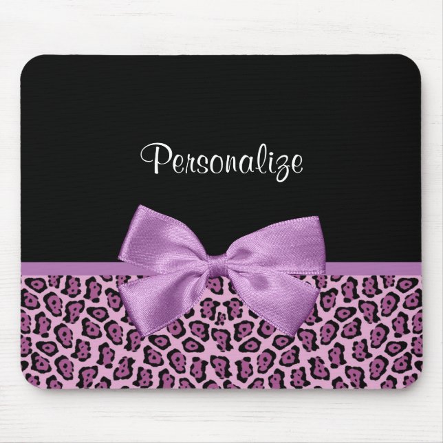 Girl Lila Jaguar Print Niedlich Bow mit Namen Mousepad (Vorne)