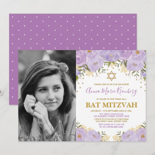 Girl Lila Lavender Gold Floral Bat Mitzvah Einladung