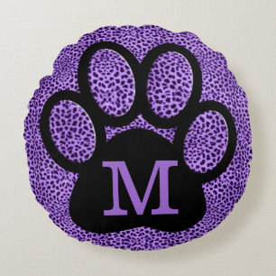 Girl Lila Paw Print mit Monogram in Cheetah Rundes Kissen