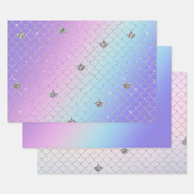 Girl Lila Pink Aqua Silver Mermaid Glitzer Geschenkpapier Set (Set)