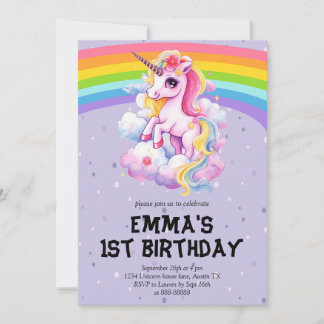 Girl Lila Rainbow Unicorn Girly 1. Geburtstag Einladung