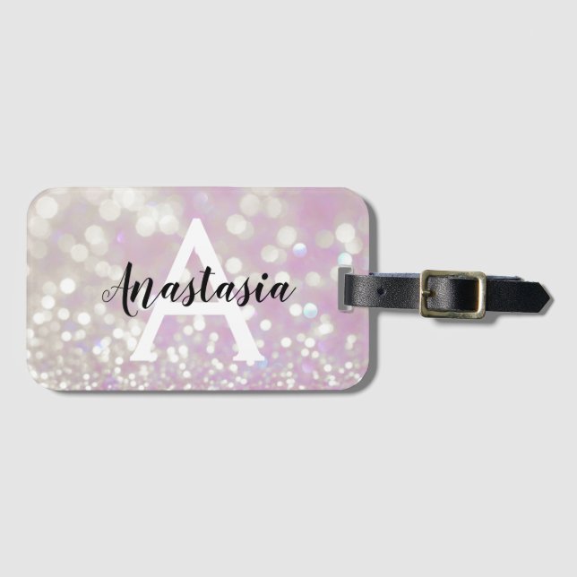 Girl Lilac Shimmer Glitzer Glitzern Monogram Name Gepäckanhänger (Vorderseite (Horizontal))