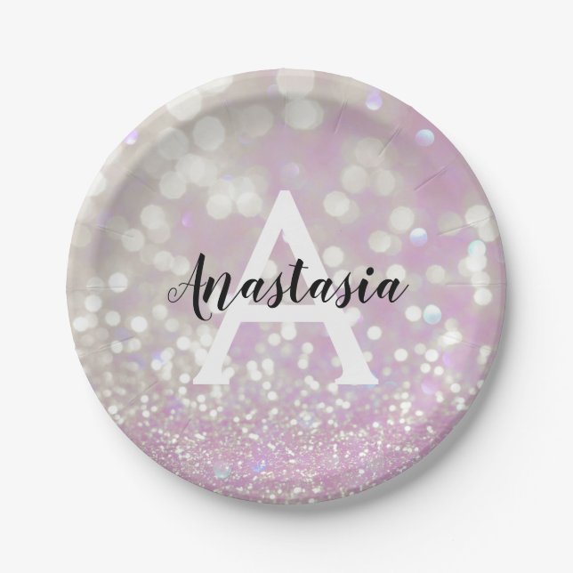Girl Lilac Shimmer Glitzer Glitzern Monogram Name Pappteller (Vorderseite)