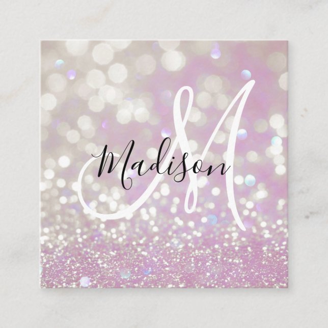 Girl Lilac Shimmer Glitzer Glitzern Monogram Name Quadratische Visitenkarte (Vorderseite)